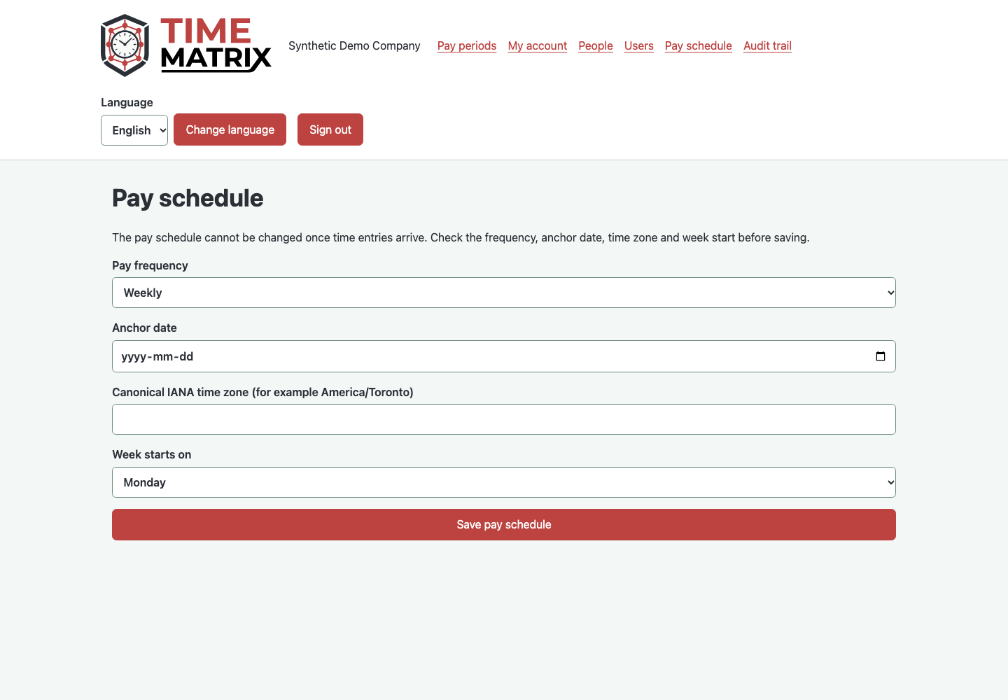 Admin pay schedule configuration for frequency, date and time zone