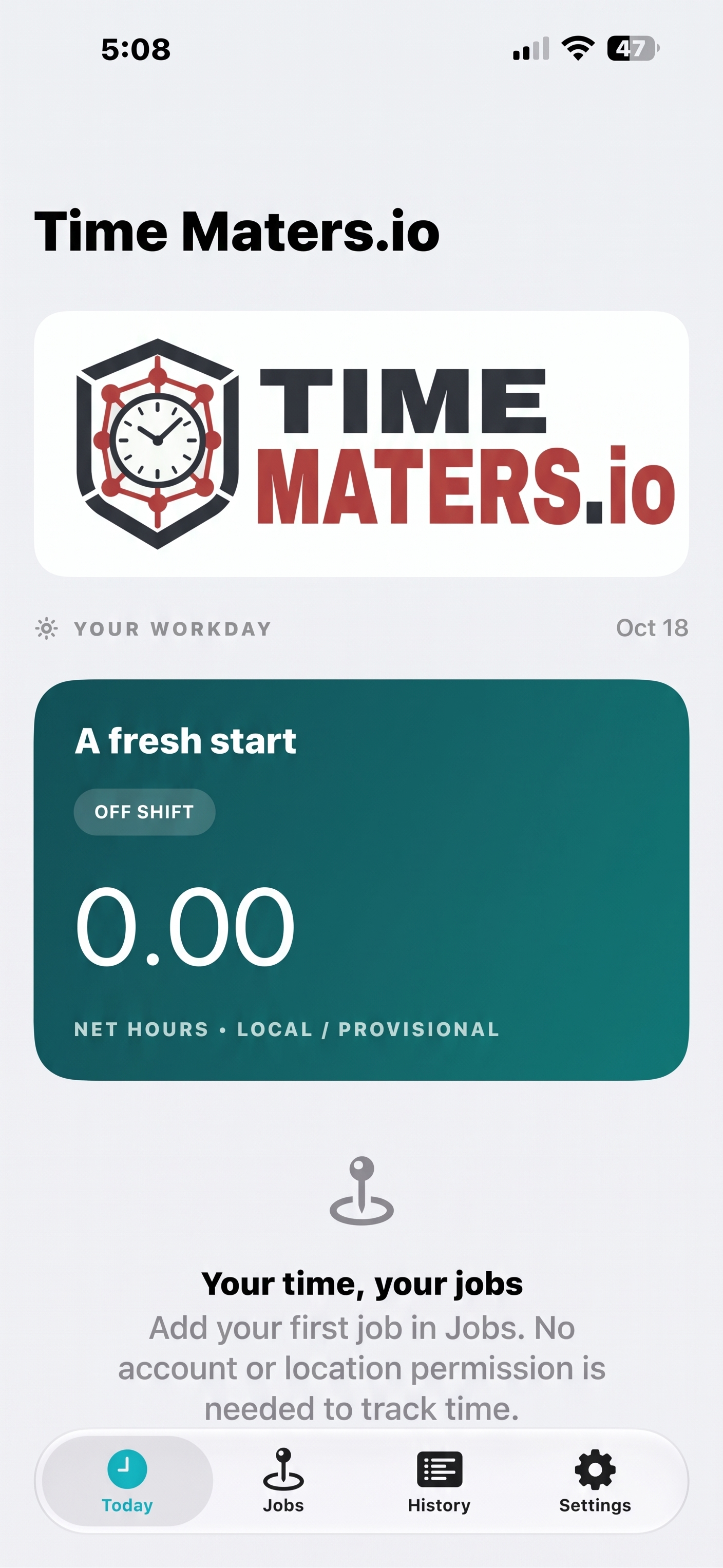 Time Maters iOS screen showing net hours and Today, Jobs, History and Settings tabs